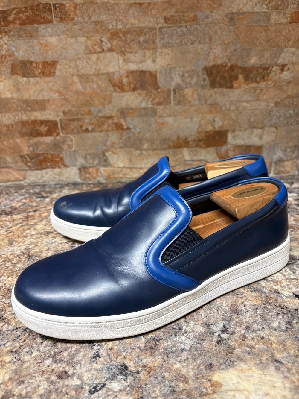 Prada Navy Blue Leather Slip On Sneakers Size 8.5 US Size 9.5